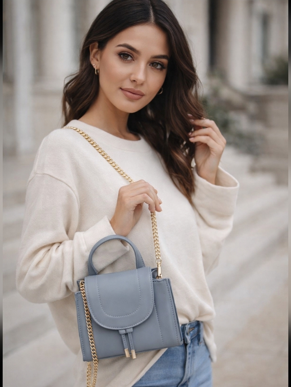 Chic Gray Faux Leather Top Handle Crossbody Bag Gold Chain Strap Structure Purse